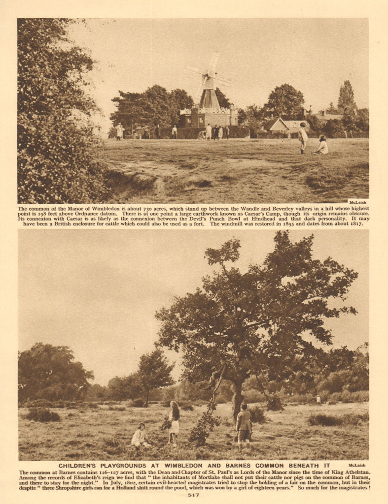 Children's playgrounds. Wimbledon Common windmill & Barnes Common 1926 print